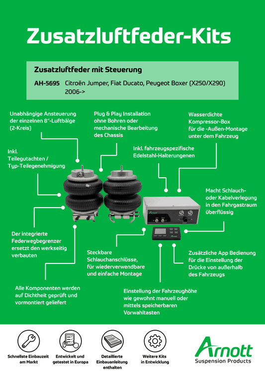 Zusatzluftfeder-Kit Hinterachse VW Crafter II 35 / MAN TGE FWD ab Bj. 2016, mit 8" ContiTech Luftbälge inkl. kabelloser Arnott Steuereinheit und fahrzeugspezifischem Montageadapter für die Box unter dem Fahrzeug inkl. Auflastgutachten.